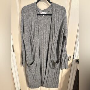 Pink Rose Long Knit Open Front Cardigan Sweater w Front Pockets, Gray, Large